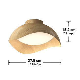 Adara 15 in. (38 cm) Modern LED Flush Mount Ceiling Light 5 CCT, a dimmable bowl-shaped light with a wood-grain finish and a white diffuser.
