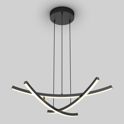 The Orly modern LED pendant light 5 CCT by Artika-CAN-dev features four curved, intersecting LED bars suspended by thin black cables from a round black ceiling mount, shown against a plain light gray background.