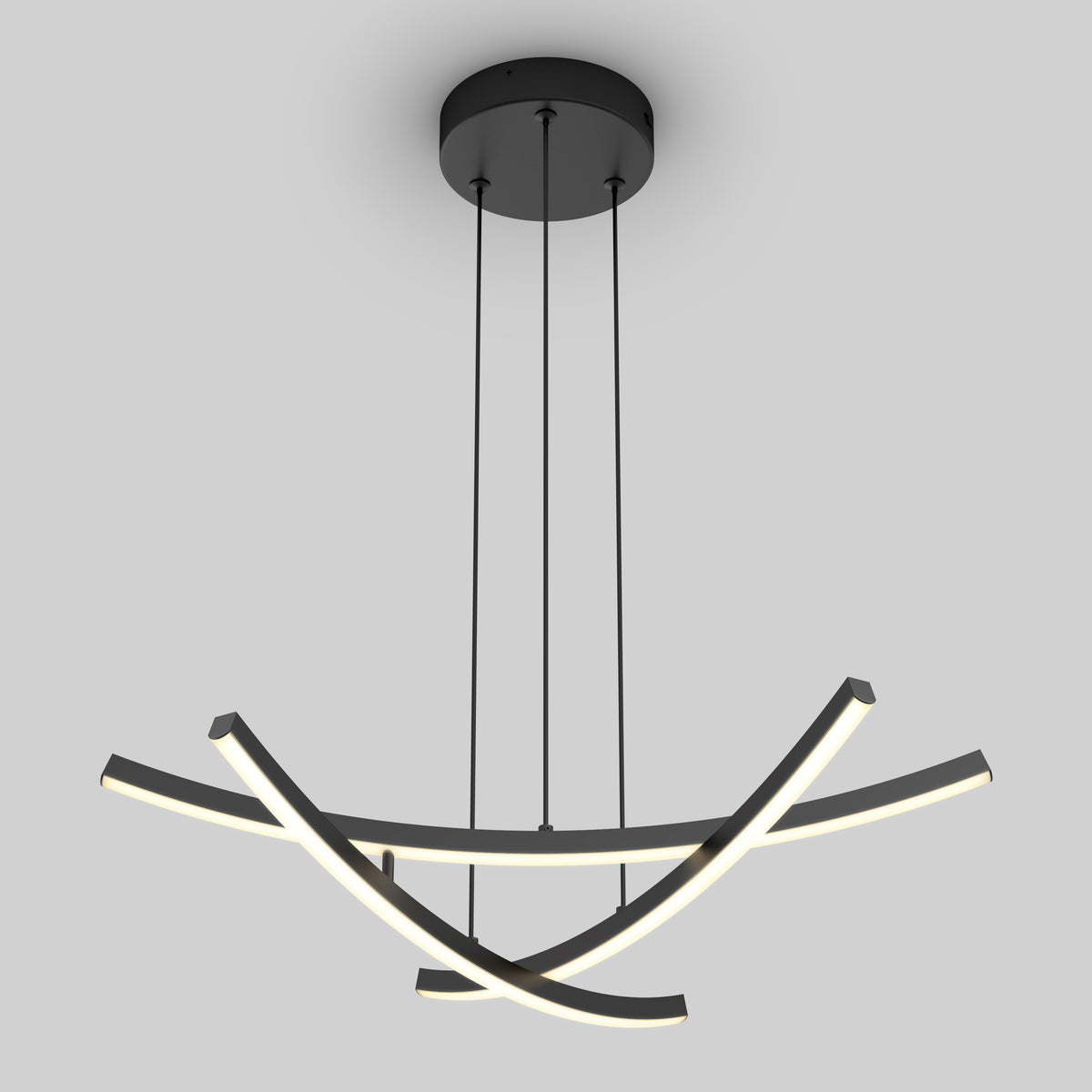 The Artika Orly modern LED pendant light 5 CCT features three intersecting black LED bars, suspended by four slim cables, creating a sleek and contemporary ceiling fixture against a plain gray background.