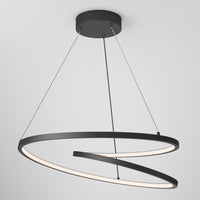 The Salto LED pendant light by Artika features two intertwined black metal rings suspended by thin wires, casting a soft white glow from their inner edges against a plain white background.