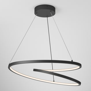 The Salto LED pendant light by Artika features two intertwined black metal rings suspended by thin wires, casting a soft white glow from their inner edges against a plain white background.
