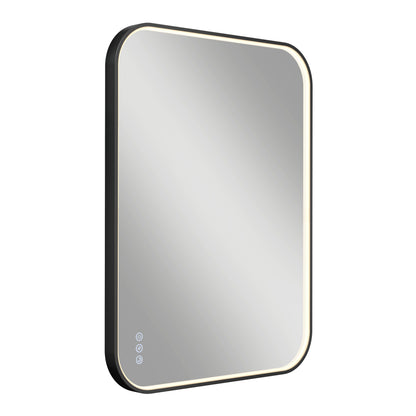 The Artika Royce dimmable LED mirror 3 CCT is a rectangular, wall-mounted mirror with rounded corners, a black frame, built-in LED lighting around the edges, and three touch-sensitive buttons in the bottom left corner.