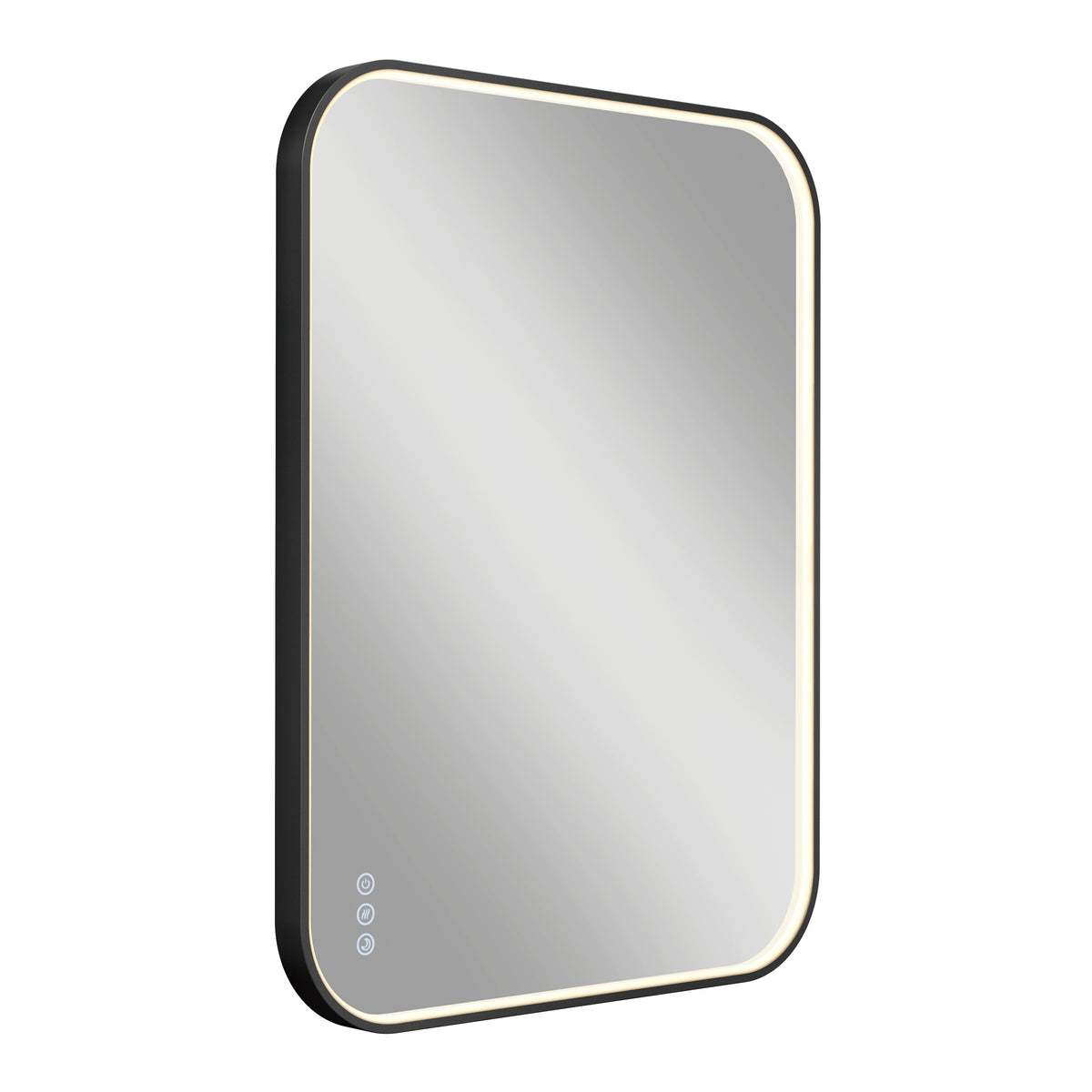 Rectangular wall-mounted mirror with rounded corners, black frame, and a built-in LED light strip around the edge. Three touch buttons are visible on the lower left corner of the mirrors surface.