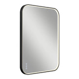 Rectangular wall-mounted mirror with rounded corners, black frame, and a built-in LED light strip around the edge. Three touch buttons are visible on the lower left corner of the mirrors surface.