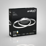 A black and silver Artika Salto LED ceiling light box with an image of the modern circular light fixture on the front and product details including 50,000 hours lifespan, 1000 lumens, and energy efficiency icons.