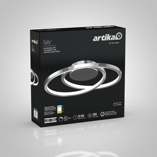 Black box packaging for the Artika Salto LED flush mount light, showcasing a modern circular fixture image, product specs, icons for lifespan and lumen output, LED technology, and white with metallic accents.