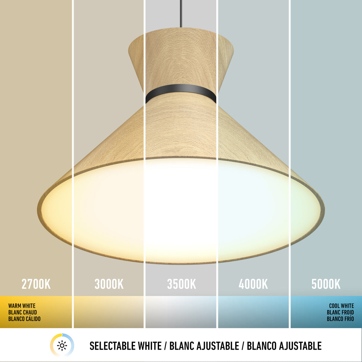 A hanging light fixture is shown with its illumination split into five sections, displaying color temperatures from warm white (2700K) to cool white (5000K). Text labels and icons indicate selectable white lighting options.