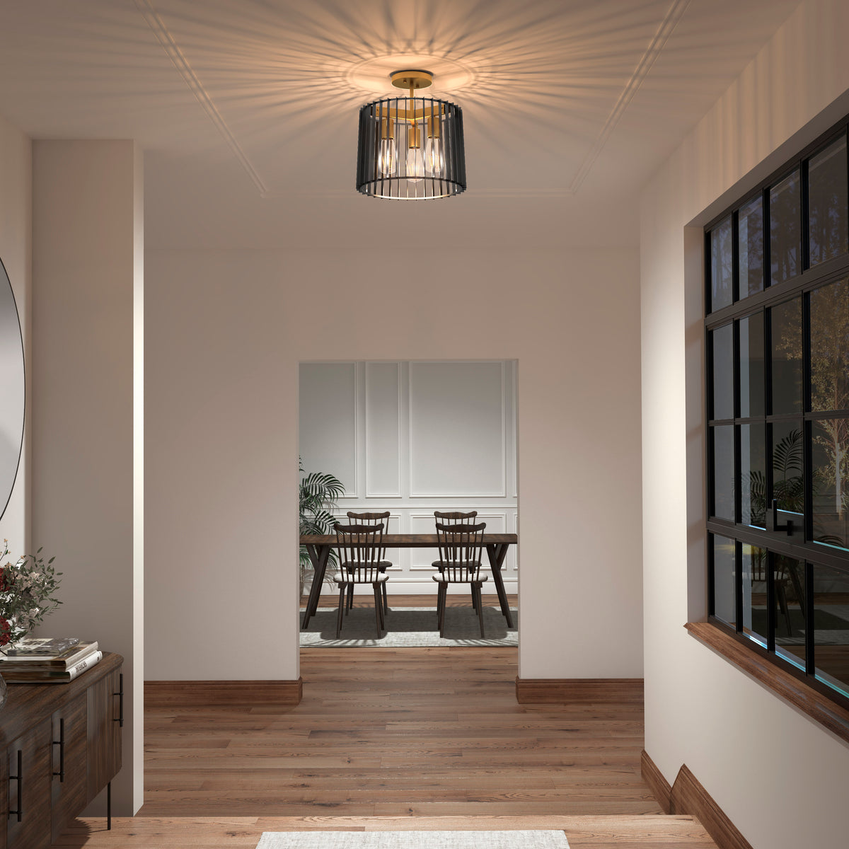 A modern hallway with wooden floors leads to a dining area with a table and four chairs. A black ceiling light fixture is on, and large windows on the right let in natural light.