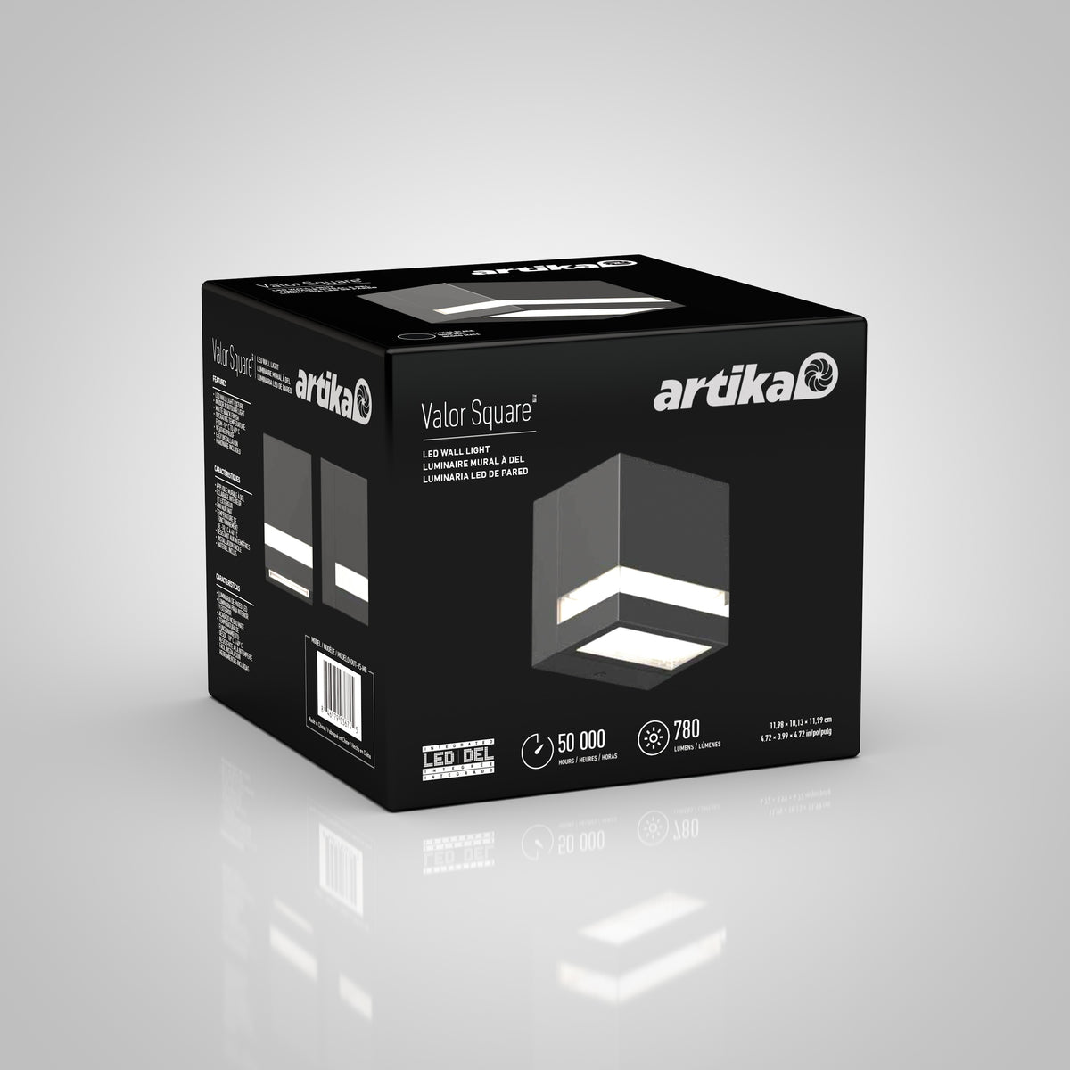 Black box of Artika Valor Square LED indoor-outdoor wall light displays product image, features, barcode, and specifications.