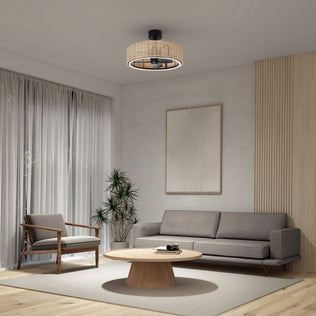 A modern living room with a gray sofa, wooden armchair, round coffee table, potted plant, abstract wall art, and the Artika Kalani 24 in. LED modern ceiling fan (3 speeds, remote). Light streams in through sheer curtains.