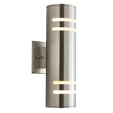 A modern, brushed metal wall sconce light fixture with a cylindrical shape and horizontal cutouts emitting soft white light, mounted on a rectangular base.