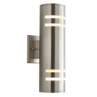 The Artika Voltz indoor-outdoor wall light features a brushed metal cylindrical body with horizontal slits for warm illumination, a modern vertical design, and a rectangular metal wall plate.