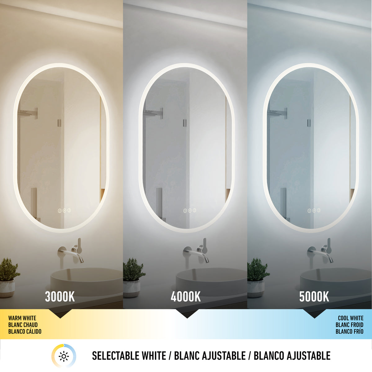 Three Artika Clara LED Oval Mirrors (30x20 in.) with defogger show 3000K, 4000K, and 5000K lighting.