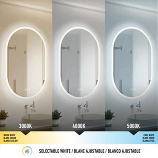 Three Artika Clara LED Oval Mirrors (30x20 in.) with defogger show 3000K, 4000K, and 5000K lighting.