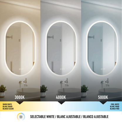 Three Artika Clara LED Oval Mirrors (30x20 in.) with defogger show 3000K, 4000K, and 5000K lighting.