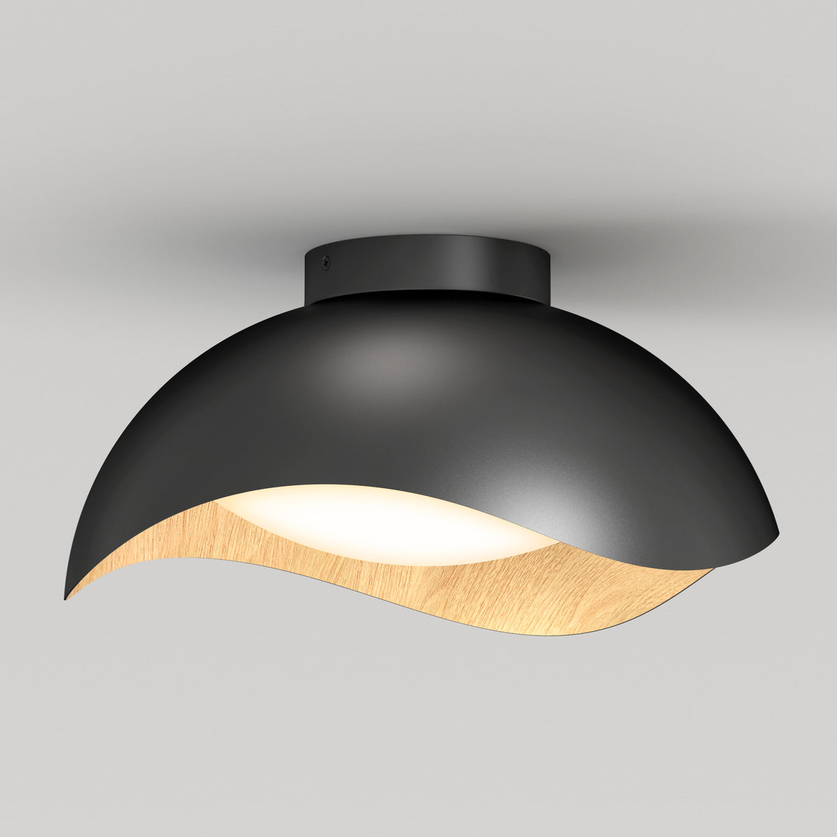 The Adara 15 in. LED flush mount by Artika features a black dome, wood accent, and dimmable 5 CCT perfect for modern spaces.