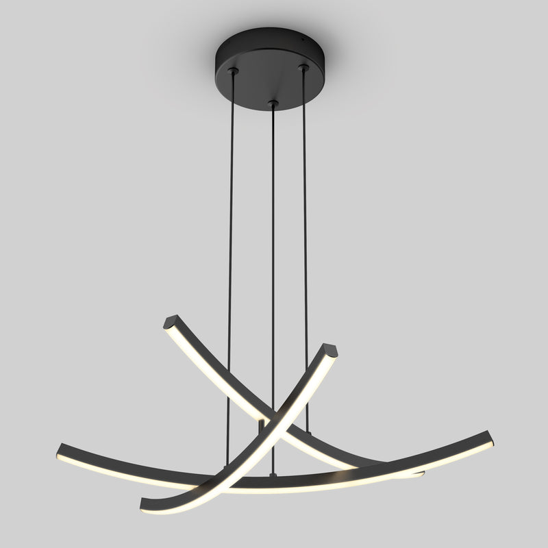 The Orly modern LED pendant light by Artika features three curved, intersecting LED bars suspended from a round black base, creating a sleek look against a plain gray background. This fixture offers 5 color temperature options (5 CCT).