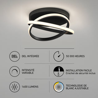 Orbia 14 in. (36 cm) Modern LED Flush Mount Ceiling Light 3 CCT featuring two intersecting black rings and an infographic of its 3 CCT settings.
