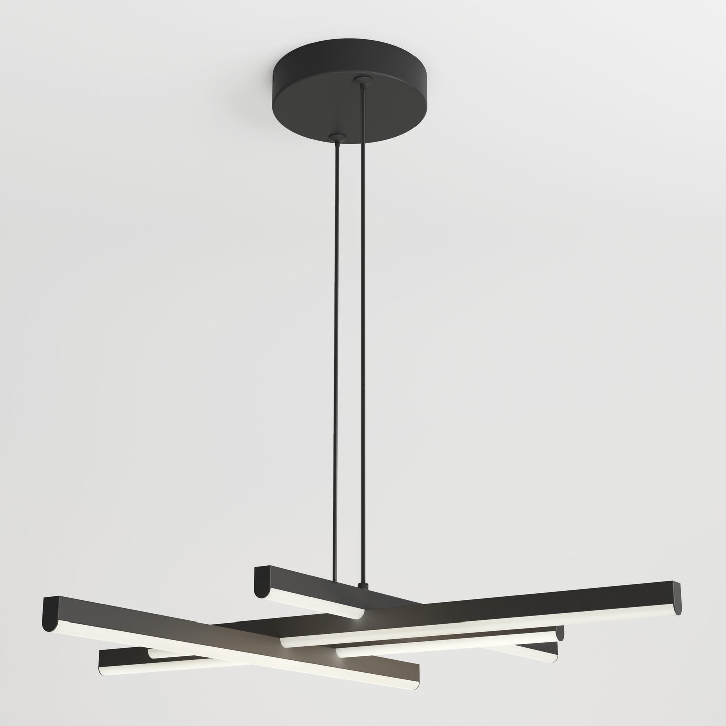 The Artika Grid LED pendant light features three intersecting black bars with integrated LED strips, suspended from a round black canopy by two cables, creating a striking modern look against any white ceiling.