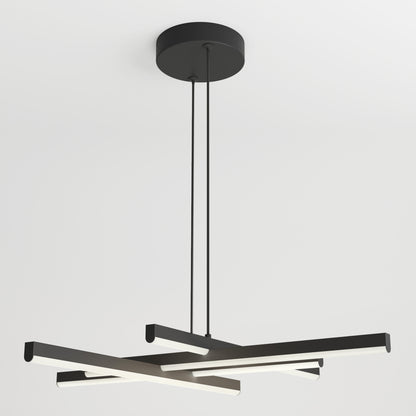 The Artika Grid LED pendant light features three intersecting black bars with integrated LED strips, suspended from a round black canopy by two cables, creating a striking modern look against any white ceiling.