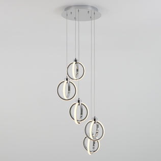 The Artika Soho modern 5-light LED pendant features five illuminated rings suspended at different heights from a round base, creating a striking contemporary ceiling light against a plain white background.