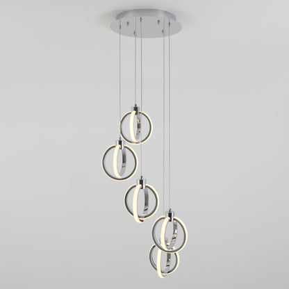 The Artika Soho modern 5-light LED pendant features five illuminated rings suspended at different heights from a round base, creating a striking contemporary ceiling light against a plain white background.