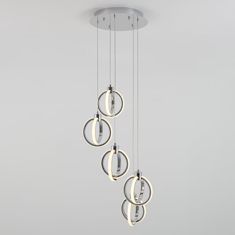 The Artika Soho modern 5-light LED pendant features five illuminated rings suspended at different heights from a round base, creating a striking contemporary ceiling light against a plain white background.