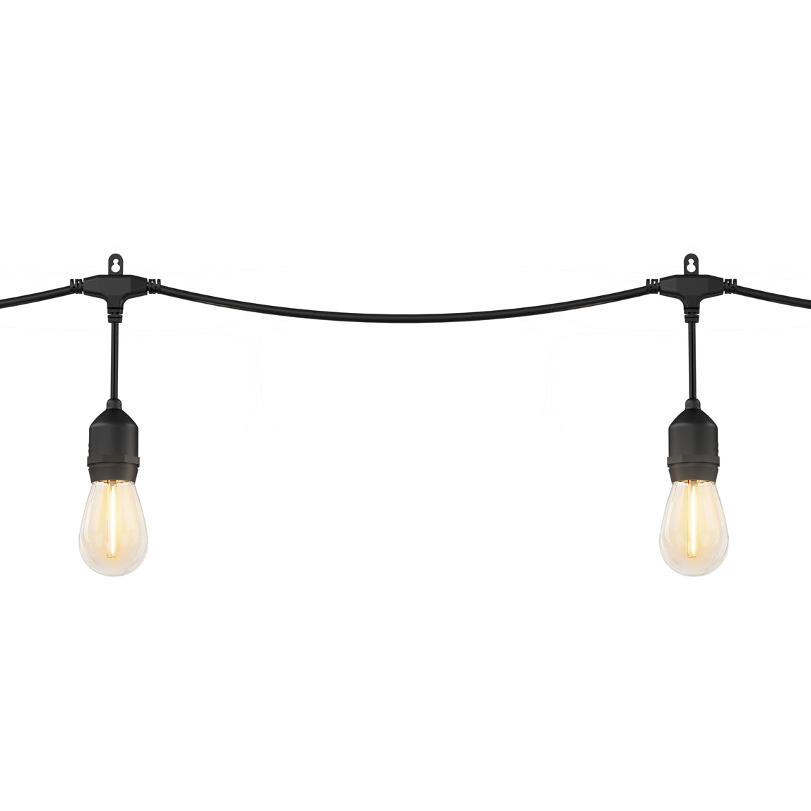 Two black string lights with exposed bulbs hanging on a wire against a white background. The bulbs are lit, emitting a warm yellow glow.