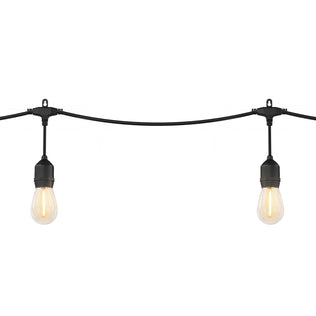 Two Blaze 20 LED Outdoor Solar String Lights by Artika with black sockets and softly glowing bulbs hang from a black overhead wire against a white background.