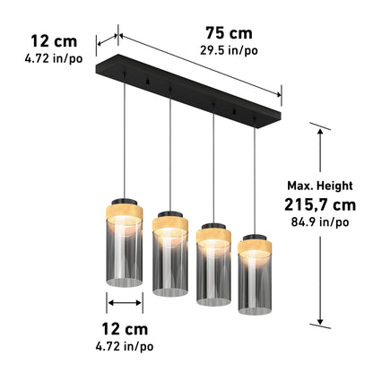 Diagram of the Artika Hanson 4-light LED pendant (5 CCT), featuring a black rectangular base (75 cm), four cylindrical glass shades (12×12 cm each), max hanging height 215.7 cm; measurements shown in both cm and inches.