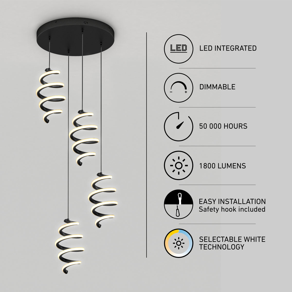 The Artika Chorus 4 Light LED Pendant features spiraled black fixtures with integrated dimmable LEDs, selectable white technology (5 CCT), 1800 lumens, 50,000-hour lifespan, and easy installation.