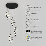 Spiral-shaped LED pendant lights hang from a round ceiling mount. Beside the lights, icons indicate features: LED integrated, dimmable, 50,000 hours lifespan, 1800 lumens, easy installation, and selectable white technology.
