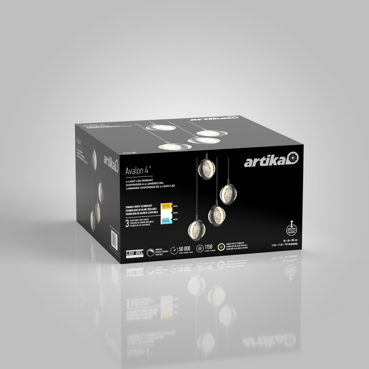A black box packaging for Artika Avalon 4 pendant lights, featuring images of three hanging lights with glass shades and product information on the front and sides.