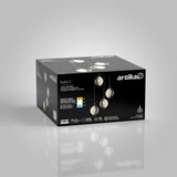 A black box packaging for Artika Avalon 4 pendant lights, featuring images of three hanging lights with glass shades and product information on the front and sides.