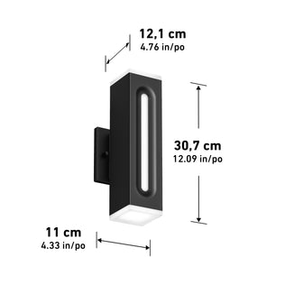 The Artika Linea Square LED indoor-outdoor wall light features a modern black rectangular design and measures 30.7 cm (12 in) tall, 12.1 cm (4.8 in) deep, and 11 cm (4.3 in) wide, with all dimensions shown in metric and imperial units.