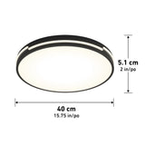 Round ceiling light fixture with a black rim, illuminated white center, and dimensions labeled as 40 cm (15.75 inches) wide and 5.1 cm (2 inches) high.