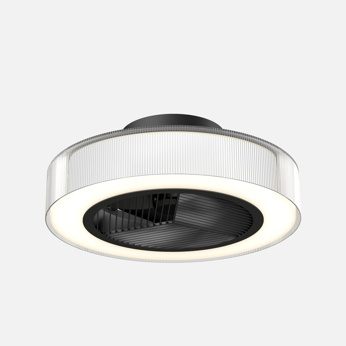 The Artika Groove 20 in. LED modern ceiling fan features a ribbed, translucent outer ring, central black vent, minimalist design, and offers 3 speeds with remote control.