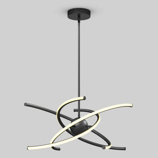 The Artika Silvio LED pendant light 3 CCT features three curved, intersecting LED arms in black, suspended from a ceiling mount. Its sculptural, orbital design emits a soft white glow, shown here against a light gray background.