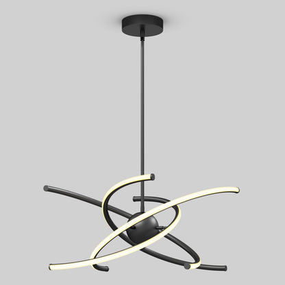 A modern black ceiling pendant light with curved, intersecting LED light strips, forming an abstract, orbit-like design, suspended from a thin rod attached to a round ceiling mount.