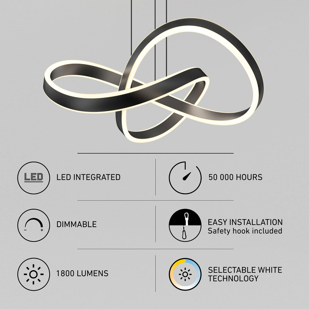 Modern LED pendant light with an infinity loop design, shown above product features: LED integrated, 50,000 hours lifespan, dimmable, easy installation, 1800 lumens, and selectable white technology.