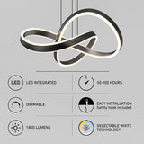 Modern LED pendant light with an infinity loop design, shown above product features: LED integrated, 50,000 hours lifespan, dimmable, easy installation, 1800 lumens, and selectable white technology.