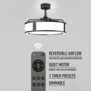 The Artika Huxley 23 in. LED ceiling fan offers 3 speeds, reversible airflow, remote, timer presets, and dimmable light settings.