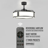 A modern ceiling fan with a circular LED light and a black frame is shown above a remote control. Text highlights features: reversible airflow, quiet motor, 2 timer presets, and dimmable light.