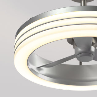 Close-up of the Artika Horizon 23 in. LED modern ceiling fan, featuring three gray blades, a circular LED light ring, and a silver mount, shown against a plain light gray background. Includes 3 speeds and remote control.