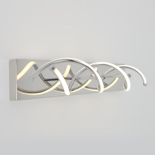 The Artika DNA modern LED bathroom vanity light features integrated LEDs with intertwined chrome tubes on a rectangular base.