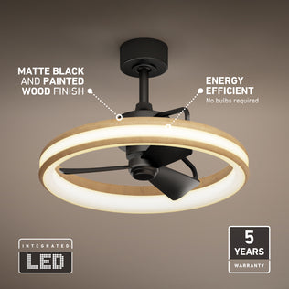 Artika Lugano 23 in. LED modern fandelier ceiling fan with a black and light wood design, energy-efficient lighting, and a 5-year warranty.