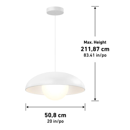 The Artika Boden LED modern mid-century pendant light features a white dome-shaped shade (50.8 cm diameter), hangs from a single cord with a max height of 211.87 cm, and offers 3 CCT settings for customizable lighting.