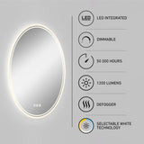 Oval LED bathroom mirror with illuminated edge. Icons and text on the right highlight features: LED integrated, dimmable, 50,000 hours lifespan, 1200 lumens brightness, defogger, and selectable white technology.