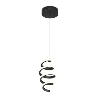 The Artika Chorus 1-light LED pendant features a modern spiral design with a black circular mount and integrated LED lighting, offering customizable 5 CCT options—perfect for decorative illumination in any space.