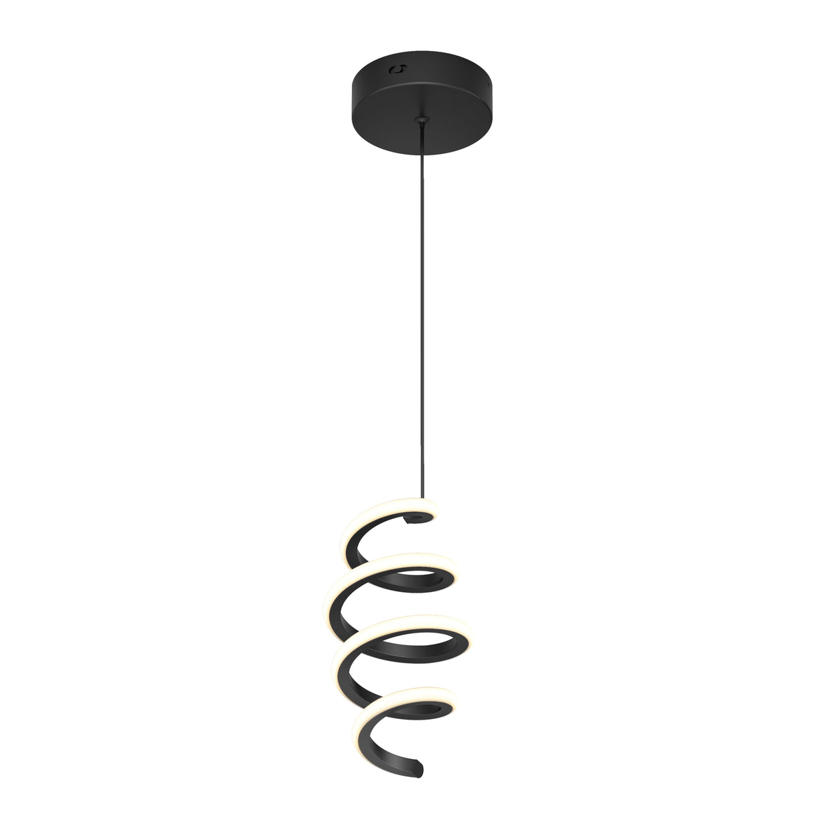 A modern pendant light with a black circular ceiling mount and a spiral-shaped fixture hanging below, featuring integrated LED lighting along the inner edge of the spiral.